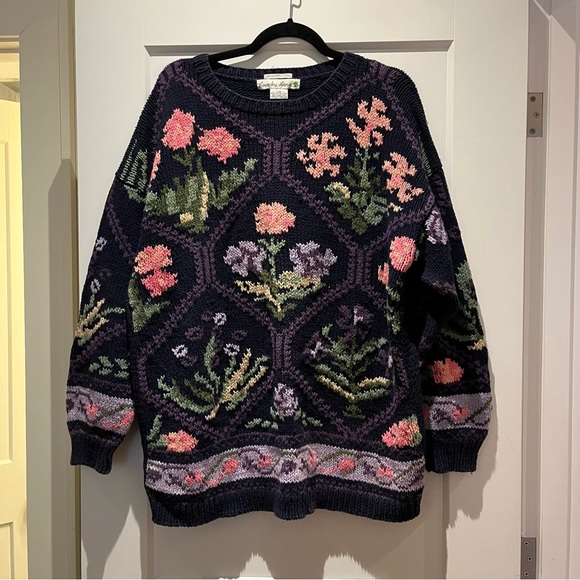 Vintage Sweaters - vintage chunky cotton hand knit floral jewel toned sweater
